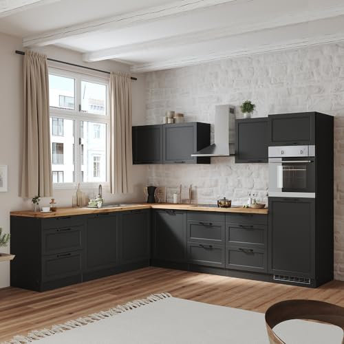 Lomadox Winkelküche Küche Einbauküche Küchenzeile L-Form 300/240 cm mit E-Geräten in grau, Arbeitsplatte in Eiche, inkl. Dunstabzugshaube, Induktionskochfeld, Backofen, Geschirrspüler