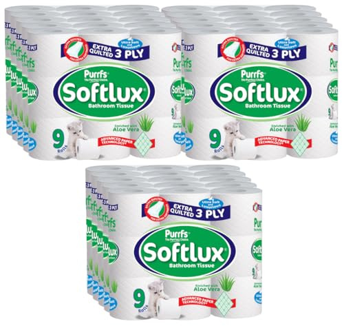 Purrfs Softlux 3ply Luxury Quilted Soft Toilet Rolls 9 Rolls (Aloe Vera, 135 Rolls)