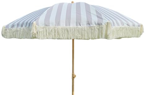 Sonnenschirm Strandschirm Schirm GRAU weiß gesteift mit Fransen UV Schutz Ø 180 cm