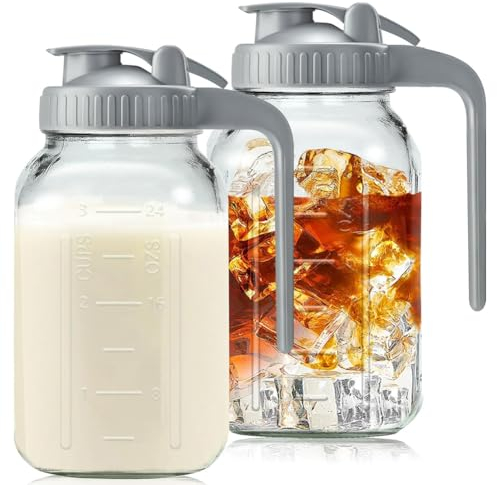 Decqerbe Jarras de vidrio con tapa y asa, 32 onzas, jarra de agua de vidrio a prueba de fugas de boca , contenedor de crema para infusión fría, 2 unidades