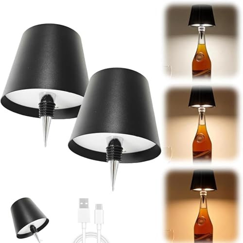 Yevheniy Wireless Bottle Lamp, 2024 New LED Wine Bottle Lamp, 3 Color Wireless Bottle Table Lamp,Cute Embed Touch Control Portable Rechargeable Desk Lamp for Living/Bedroom/Bar (Black, 2 Pcs)