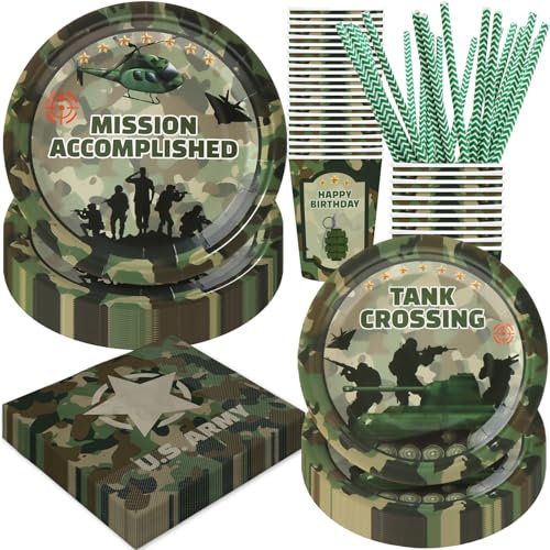 BOIKOKY 120 Pièces Décorations de Fête d'Anniversaire sur le Thème de l'Armée, Fournitures de Fête sur le Thème de Camouflage, Vaisselle Jetable | Pour 24