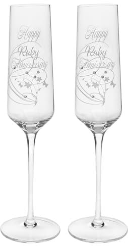 Shudehill Giftware East West Rush Celebration Wedding Anniversary Champagne Glass Flutes - Silver, Ruby, Gold or Diamond with Minimal Design (Ruby Anniversary)
