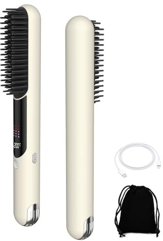 Brosse Lissante Sans Fil, 5200mAh Brosse Chauffante Lissante,Chauffante Ions Négatifs sans Fil, Anti-BrûLure Lisseur Cheveux Portable, USB Rechargeable,Peigne Chauffant Cheveux 140~200℃