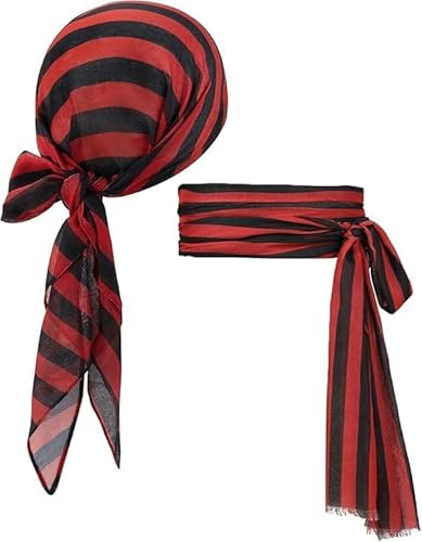 2 Stück Piraten Stirnband Taillengürtel, Mittelalter Piraten Kopftuch Piraten Schärpe Piraten Tuch Piraten Bandana Rot Pirat Bandana Piraten Kostüm Zubehör für Halloween Karneval Piratenparty (B)