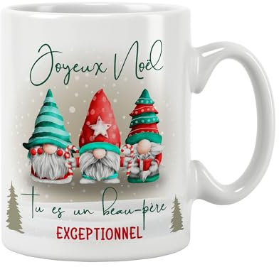 ÉNJA Création Cadeau NOËL - Mug pour BEAU-PÈRE. Beau-père/Tasse – Joyeux Noël - Cadeau fêtes de fin d'année personnalisé. Cadeau original. Céramique haute qualité 11oz - 320 ML (BEAU-PERE)