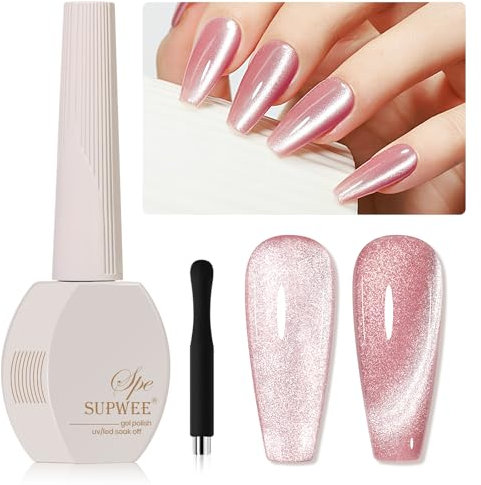 SUPWEE Cat Eye UV Gel Nagellack mit Magnet, 15ML Glitter Cat Eye Gel Rosa Magnetic Nagellack Holografischer Katzenaugen Nail Polish Soak Off Nail Art Manicure Salon