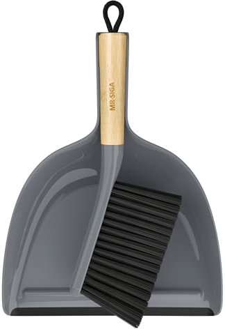 MR.SIGA Juego de Recogedor y Cepillo, Combo de Cepillo y Recogedor Portátil con Mango de Bambú, Gris, 1 Juego