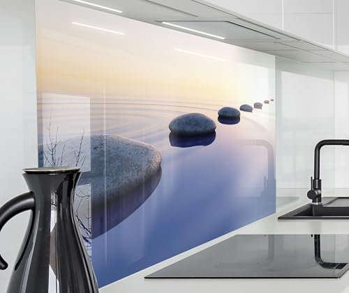 timalo Spritzschutz Wand für Herd, Küche Küchenrückwand Glasoptik | Acryl Glas 2mm | Glasrückwand Acrylglas Wandpaneele Küchenspiegel | 60x52cm See mit Steinen