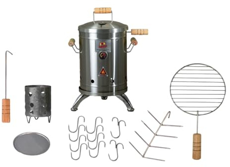 QUE ASADOR (MINI - Ahumador de carbón de barril de acero inoxidable, ahumador vertical con termómetro y sistema de ventilación, parrilla y ahumador, ahumador de cocción lenta, ahumador portátil para