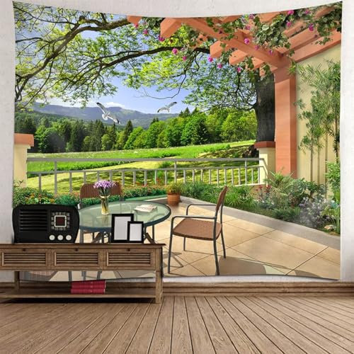 Homxi Wandteppich Querformat 150 x 130 CM,Gartenlandschaft Polyester Wandteppiche Grün