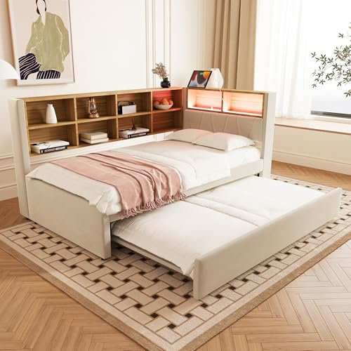 Tagesbett Schlafsofa 90x200 cm, Polsterbett Multifunktionsbett mit Ausziehbarem Bett 90x190 cm&USB-Steckdose&LED Leuchten& Mehreren Ablagefächern, Einzelbett mit Lattenrost, Ohne Matratze, Beige