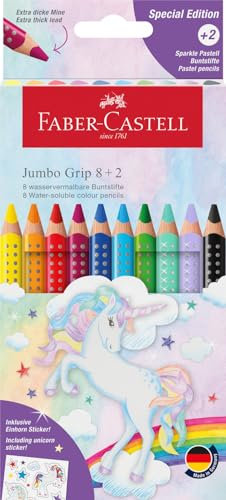 FABER-CASTELL 110923 - Buntstifte Set Jumbo Einhorn, 10-teilig, bruchsicher, inkl. 2 Sparkle Stifte und Einhorn Sticker