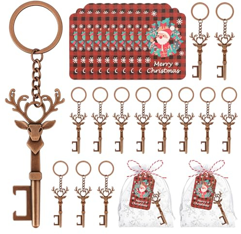 50 Stück Weihnachts-Hirschkopf-Flaschenöffner, Großpackung, Retro-Elch-Bier-Schlüsselanhänger mit Karten und Seilen, Weihnachtsbaumschmuck, Partygeschenk, Souvenirs für Gäste, Thema, festliche