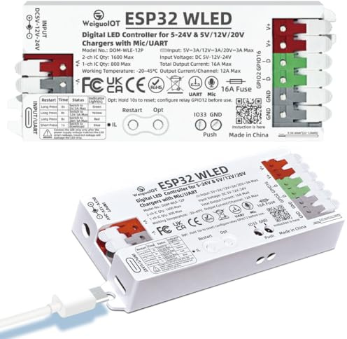 WeiguoIOT ESP32 WLED Controller Digitale LED Carica USB-C, 5-24 V, fusibile 16 A, Illuminazione Dinamica DIY per Strisce Indirizzabili WS2811 WS2812 SK6812 TM1814 WS2813 WS2815 (12P con Mic/UART)