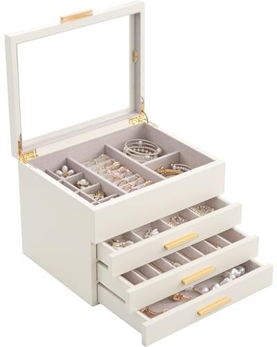 Lolalet Holzmaserung Schmuckkästchen, Groß Schmuckaufbewahrung mit durchsichtige Fenster, Schmuckschatulle Schmuckbox für Ohrringe Armbänder Halsketten Ringe –Beige, 4 Ebenen