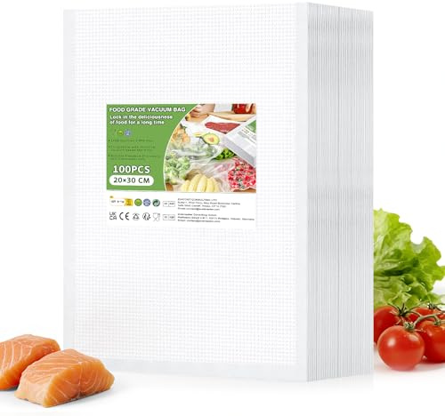 Oderra 100 Bolsas de Vacío para Alimentos, Gofradas 20x30cm | Ideales para Conservación, Congelación y Preparación de Comidas – Compatibles con Todas las Máquinas Selladoras de Vacío