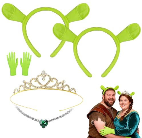 Atomvia 5 Stück Grün O G E R Ohren Stirnband Set mit Monster Stirnbänder Krone Halskette und Handschuhe Grün Ogress Kostüm Zubehör Halloween und Themenparty Cosplay Dress up für Erwachse