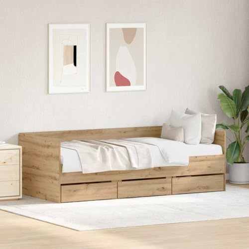 Hoopleep Artisan-Eiche Tagesbett mit Kopfteil, 90 x 190 cm Holzwerkstoff Einzelbett, Modernes Design mit Integrierten Schubladen, Langlebiges Bettgestell für Schlafzimmer