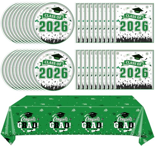 Graduation Party Decorations Class of 2026 Supplies Includes 41Pcs Green Graduation Plates Napkins and Tablecloth Disposable Cocktail Tableware for Congrats Grad 2026 Graduation Party Supplies