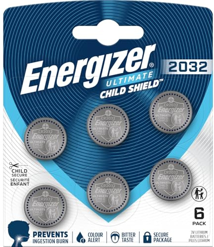 Energizer Ultimate Child Shield CR2032 Batteries (6 Pack) - 3V Coin Cell - | World's Only Ingestion Burn Protection Coin Lithium Battery including Colour Alert Technology - 12 Year Storage