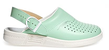 Abeba Damen Clog 7090 - the original, Glattleder,mint/weiß, perforiert, zertifiziert, 39
