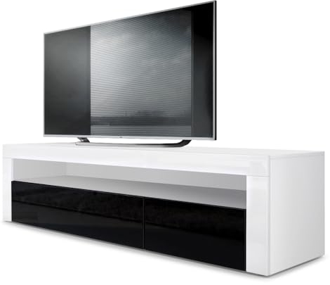 Vladon Lowboard Valencia, Made in Germany, TV-Kommode mit 1 offenem Fach und 2 Klappen, Weiß matt/Schwarz Hochglanz/Weiß Hochglanz (155 x 46 x 40 cm)