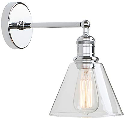 Yosoan Trichter-Klar Glas Wandleuchten Vintage Industrie Loft-Wandlampen Antik Deko Design Wandbeleuchtung Badezimmerleuchte, Badezimmerlampe, Innenleuchte,spritzwassergeschützt (Chrom Farbe)