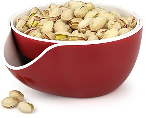 Wowly Pistachio Bowl - Double Dish Nut Bowl with Shell Storage for Pistachios, Peanuts, Fruits, Snacks & Nuts - Red