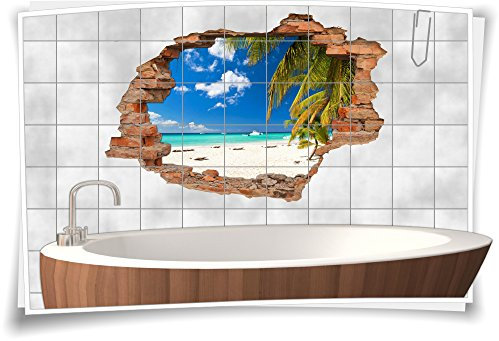 Medianlux Fliesenaufkleber Fliesenbild Wanddurchbruch Sticker Urlaub Meer Strand Palmen Yacht, 75x50cm, 20x20cm (BxH)