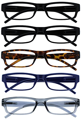 The Reading Glasses Company OPULIZE ACE Lesebrille für Damen und Herren - 5er-Pack - Schmaler Rechteckiger Rahmen - Komfort Federscharniere - Kratzfest - Schwarz Braun Schildpatt Blau Grau +2.00