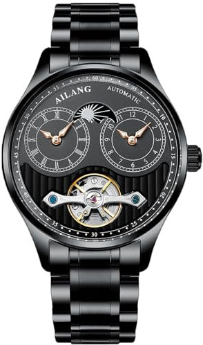 B BINGER Herren Automatik Uhren Dualzeit Clown Mondphase Ailang Serie Männer Armbanduhr (Schwarz)