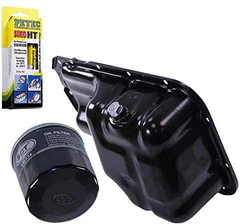 BESTPRICE 1x Ölwanne mit einem Rücklaufsperrventil 1x Ölfilter, 1x 70ml Hochtemperatursilikon rot Kompatibel mit MAZDA 2 (DE_, DH_), 3 (BK), 3 (BL), 3 Stufenheck (BK), 3 Stufenheck (BL)