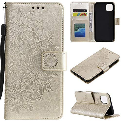 CoverKingz Handy Case kompatibel mit iPhone 11 Pro Max [6,5 Zoll] - Handy Cover mit Kartenfach Phonecase - Smartphone Hülle klappbar Motiv Mandala Gold
