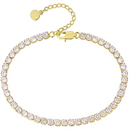 KRKC&CO 4mm Damen Tennis Fußkettchen, 14K Gold beschichtet Tennisarmband, Länge verstellbar Fußspange Iced Out Fußkettchen, Tennis Kette Fußband für Frauen Mädchen Geburtstag Geschenk
