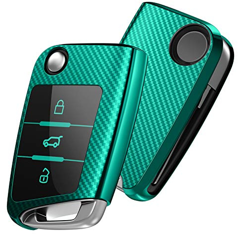 OATSBASF Autoschlüssel Hülle VW, VW Golf 7 Schlüsselhülle, Schlüsselbox Cover für VW Polo, Skoda, Tiguan, MK7 3-Tasten (Grün-Streifen)