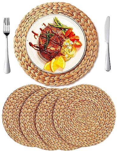 DAJAMAI 11.8'' Round Woven Placemats 4Pcs Plate Chargers, Heat Resistant Non-Slip Water Hyacinth Weave Place Mats Farmhouse Straw Braided Rattan Tablemats Wicker Placemats for Dining Table Decoration