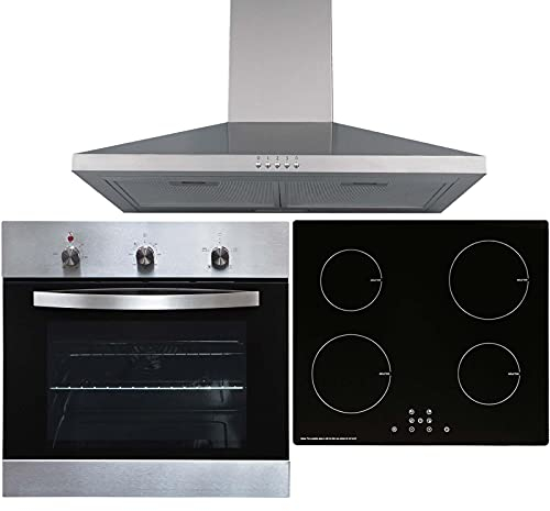 SIA SO113SS 60cm Stainless Steel Built-in/Under Single Electric Fan Oven, INDH60BL 4 Zone Touch Control Induction Hob & CHL60SS Chimney Cooker Hood