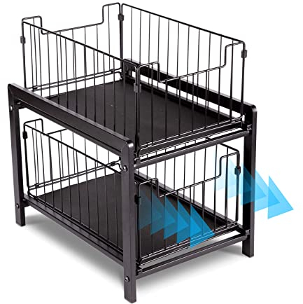 VINILITE Kitchen Cupboard Organiser 2 Tier, Detachable Metal Wire Storage Baskets, Black Drawer Type Cupboard Storage Rack for Pantry, Countertops, Cabinet, 37 x 26 x 38.5cm