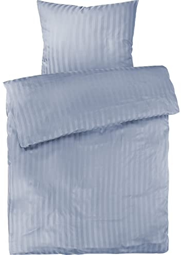 Pure Label Mako Satin Damast Streifen Bettwäsche hellblau 155x220 cm mit Kissenbezug 80x80 cm aus 100% Baumwolle | Traumhaft weiches Mako Satin Bettwäsche Set in Uni