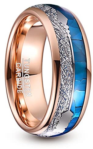 NUNCAD 8mm Dome Rose Gold Tungsten Rings for Women with Imitation Meteorite and Shell Inlay Wedding Band Size L 1/2 to Z