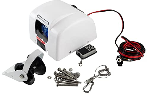 12V 25 lbs Elektrische Ankerwinde 30M Salzwasser Anker Winde mit Fernbedienung Abmessungen der Winde (LxBxH): 10″ x 9.75″ x 5.75″Abmessungen des Davits (LxBxH): 9,5″ x 3,5″ x 5″ (Weiß)