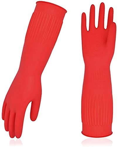 Vgo... 3Pairs Household Cleaning Gloves,Rubber Dishwashing gloves,Extra Thickness,20CM Long Sleeves,Kitchen Cleaning/Working/Painting/Gardening/Pet Care(RB2143, Red, S, 3Pairs)