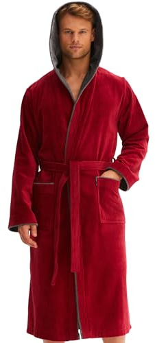 Morgenstern Bademantel Herren Kapuze 100% Baumwolle Frottee OEKO-TEX Velours Morgenmantel Lang Finn Dunkelrot L