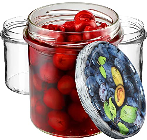 KADAX Lot de 100 pots à confiture, 350 ml, avec couvercle à visser, pour miel, champignons, confitures, miel (prunes)