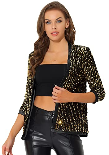 Allegra K Damen Pailettenjacke Glitzer Elegant Blazer Langarm Pailletten Party Club Offen Jacke Jacken Gold XL