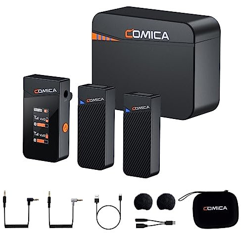 Comica Vimo C3 Système de Microphone sans Fil Lavalier, Double émetteur et 1 récepteur Micro Revers pour interviews, Streaming en Direct et vlogging, Compatible pour Smartphone et Appareil Photo