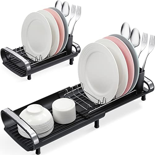 KINGRACK Small Dish Drainer, Expandable Dish Drainer Rack, Dish Rack With Removable Cutlery Holder, Anti Rust Small Sink Drainer, Expandable Draining Board Rack For Kitchen Counter, Black