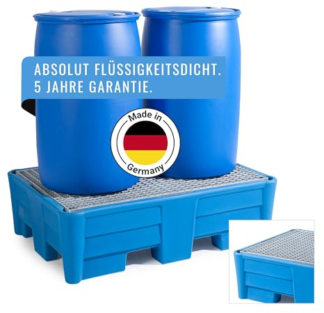 Auffangwanne classic-line aus Polyethylen (PE) für 2 Fässer, mit verzinktem Gitterrost, 1330x930x385