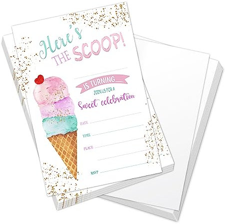 Qssfdgg Glitzer-Eiscreme-Geburtstagseinladungen für Kinder, rosa süße Eis am Stiel, Party-Einladungskarten für Jungen und Mädchen, Geburtstagseinladungen (20 Karten + Umschläge),A012